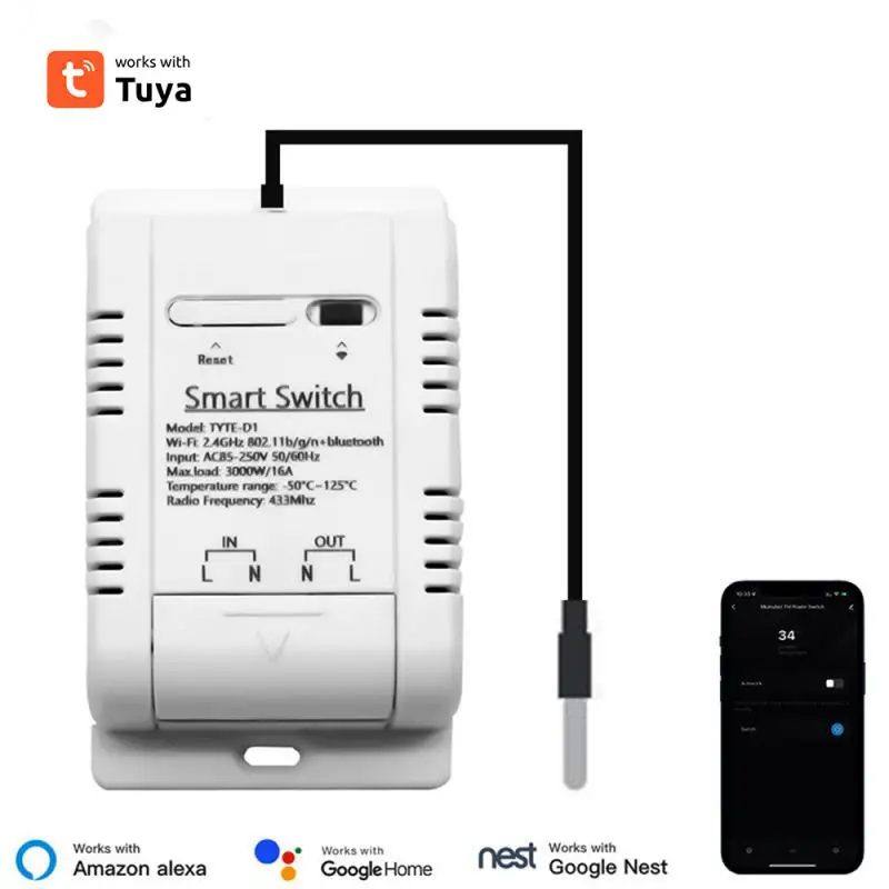 Tuya Wifi 16A Smart Temperature Humidity Switch Power Monitor With Thermostat Probe Sensor For Fish Tank Greenhouse Warehouse