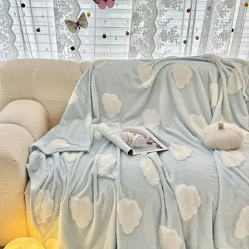 Cloud pattern jacquard throw blanket, blue white blanket gift for girls boys, lightweight soft fleece suitable for sofa chairs