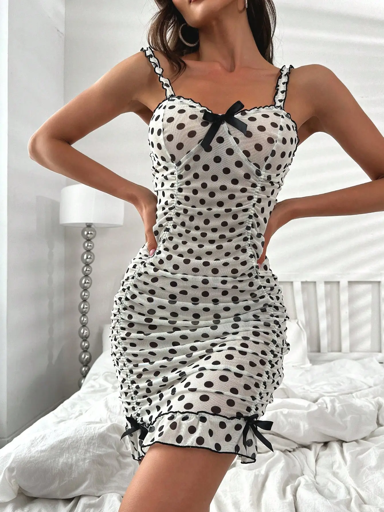 Women's slim fit polka dot print nightdress with pleated design, casual and comfortable nightdress for women