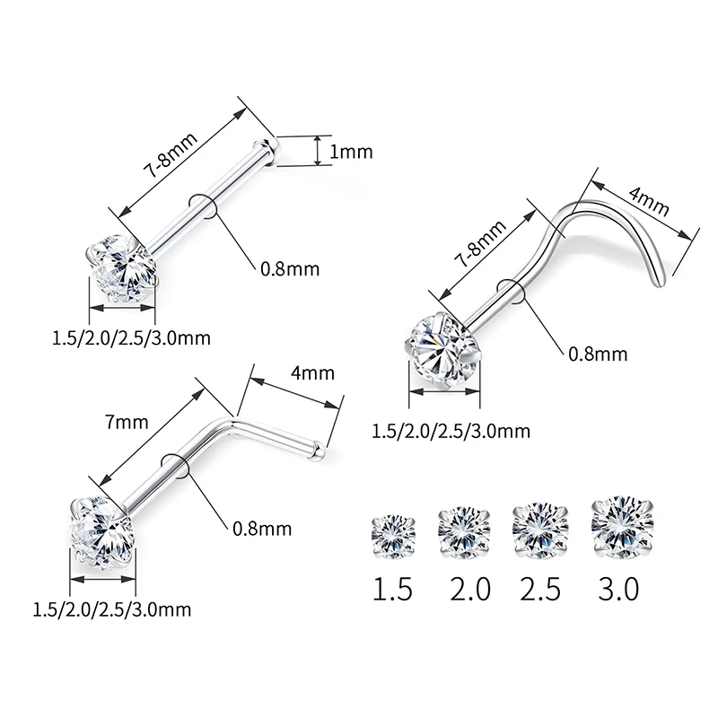 Cubic Zirconia Nose Piercing Jóias, Nariz Studs, I L Shaped Cristal Brilhante, Osso Nostril Piercing Jóias, 1.5 2 2.5 3mm, 8pcs