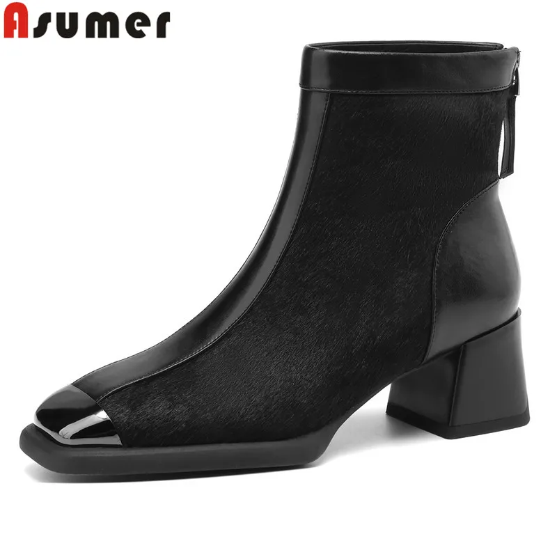 

ASUMER 2024 New Arrival horsehair Leather Ankle Boots For Women Shoes Square High Heels Autumn Winter Fashion Office Dress Shoes