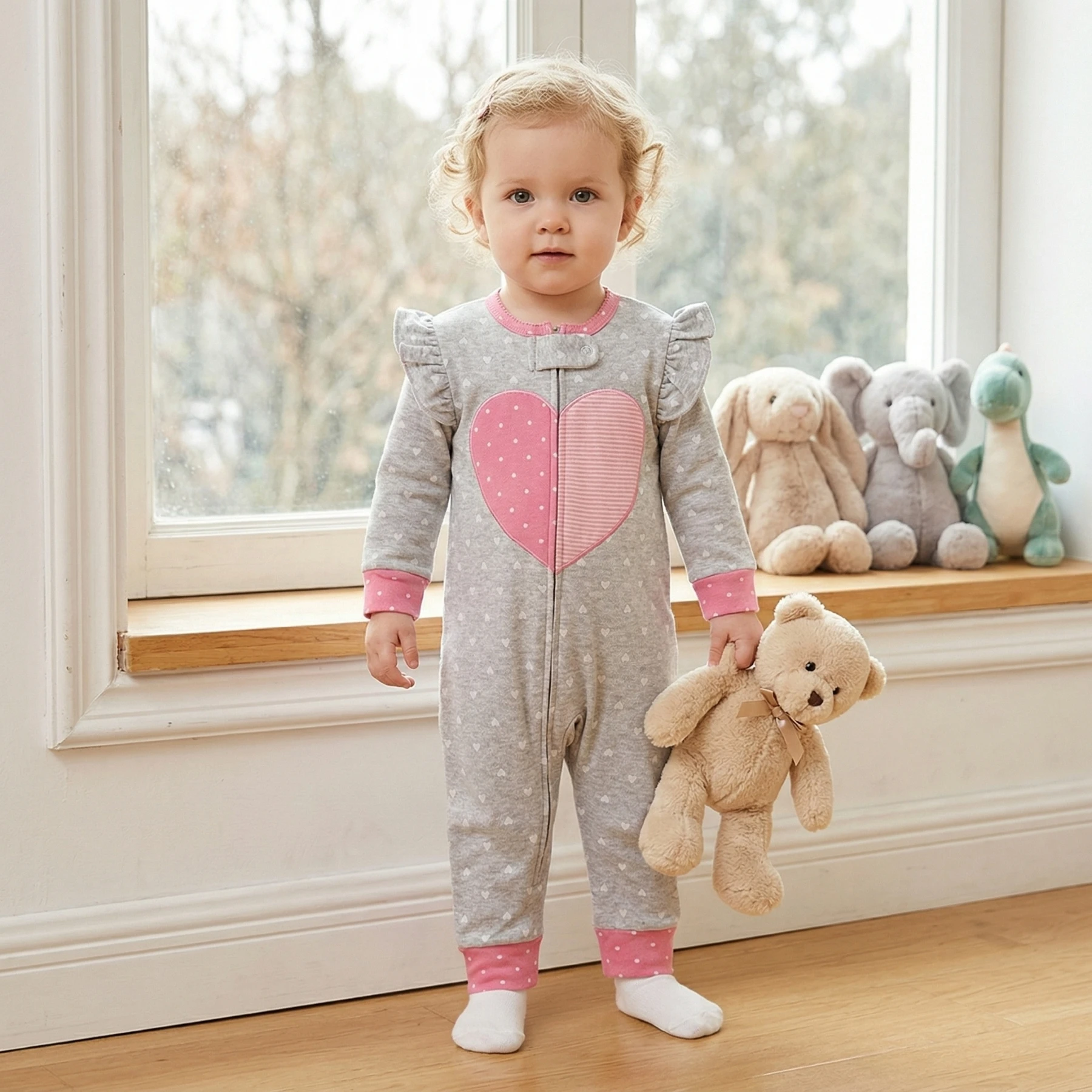 Doppelseitiger Baumwoll-Reißverschluss-Strampler für Kleinkinder, Mädchen, mit Herz- und Buchstabenstickerei, Allover-Print, Rüschenärmel, Ganzjahres-Baby-Jumpsuit, 6-24 Monate – Detail 2