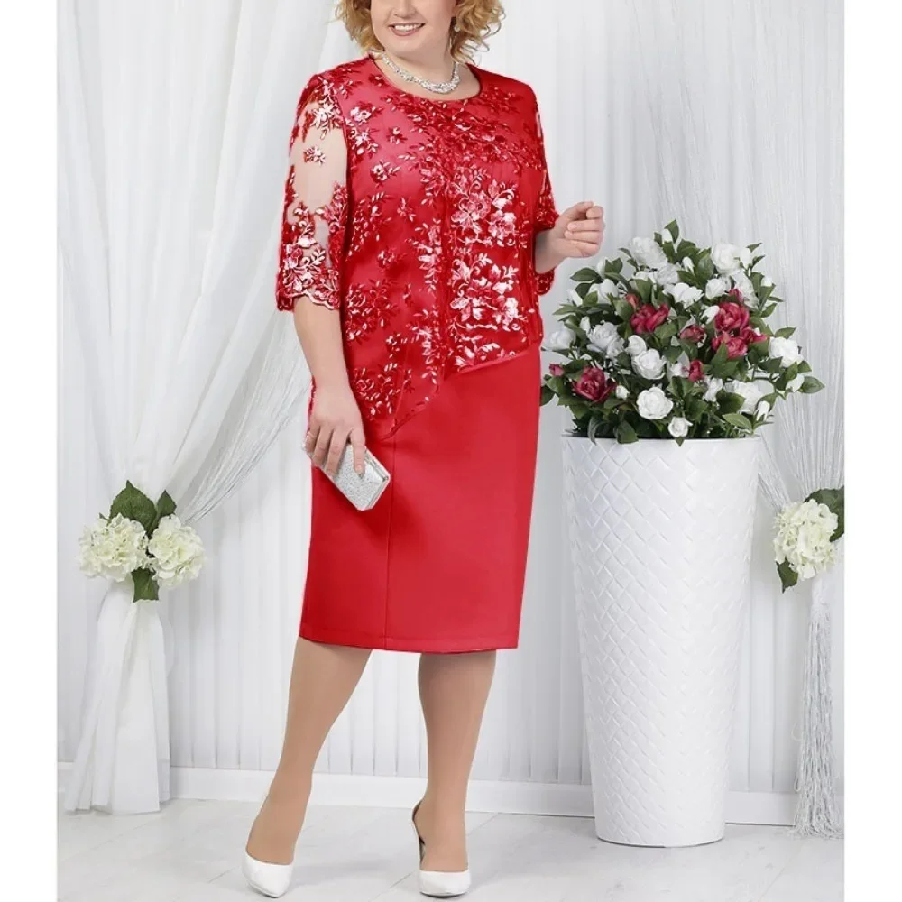 Plus Size Plus Size Women's Clothing New Style Fast Selling  Splicing Two-Piece Illusion Dress Gown with Medium Sleeves 2024