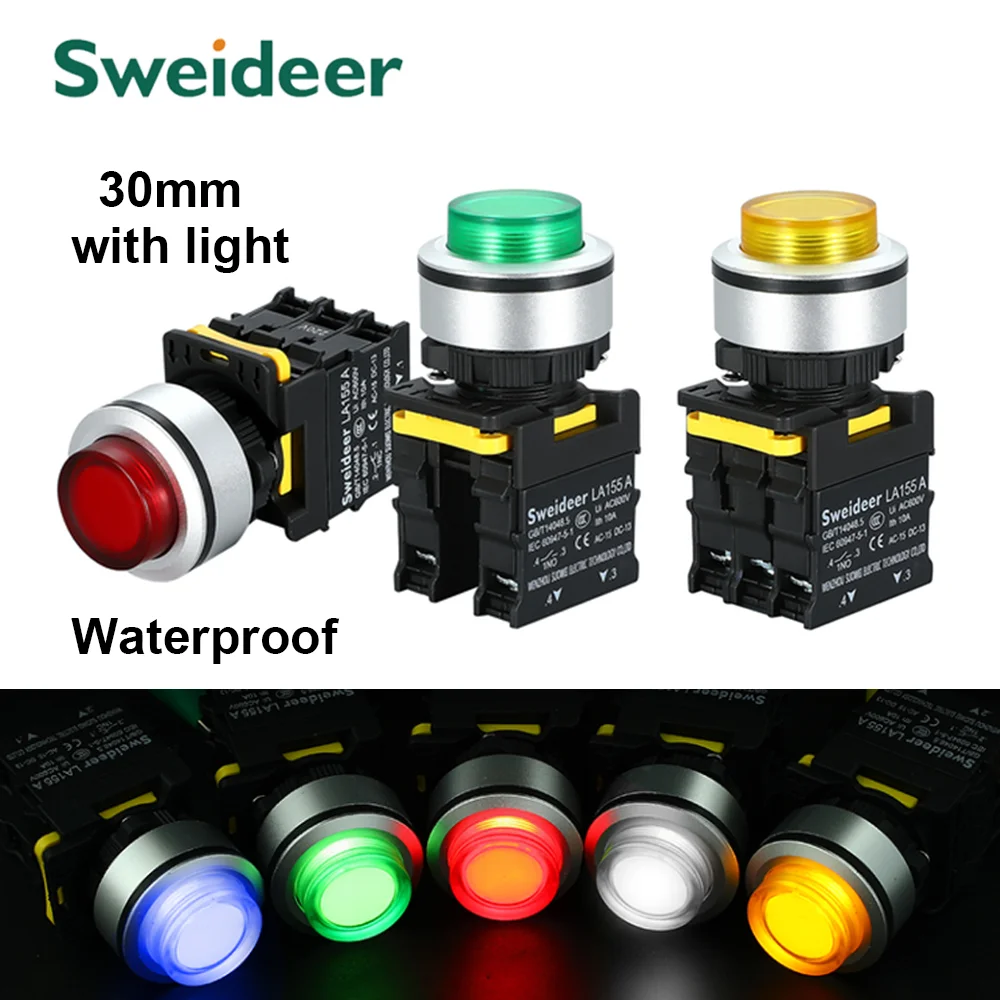 30mm High Head Button Switch with Light Waterproof Momentary Reset Locking Power Button Switch 12V 24V 220V 1NO1NC Panelboard