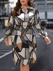 Plus Size Autumn Geometric Patchwork Midi Dress Women Lantern Long Sleeve Casual Modis Ladies Dresses Loose Pleated Woman Dress