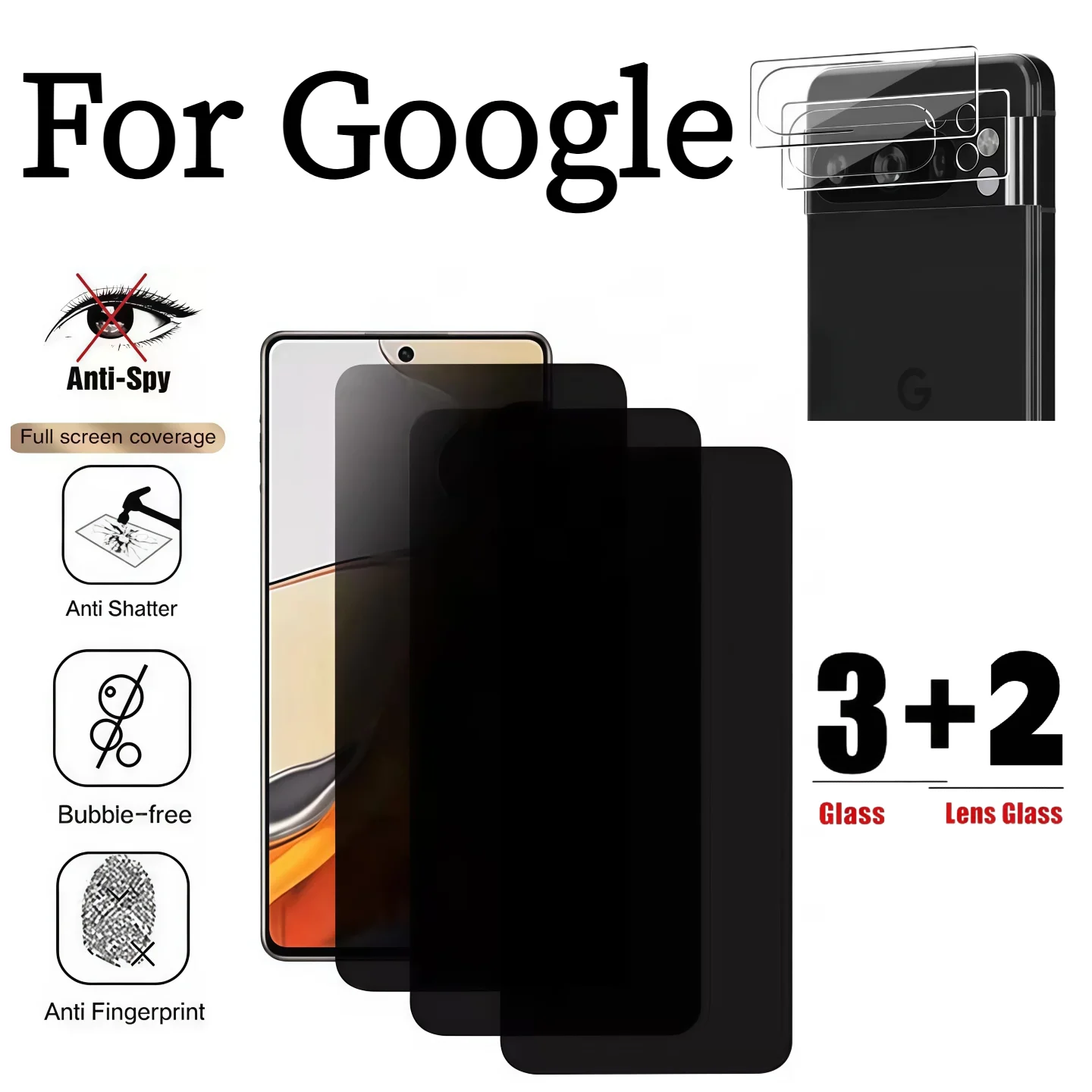 3PCS Anti-Peeping Tempered Glass Screen Protector +2PCSCamera Lens Protector for Google Pixel 6A/7A/8A/8Pro/9A/9Pro XL/10Pro XL