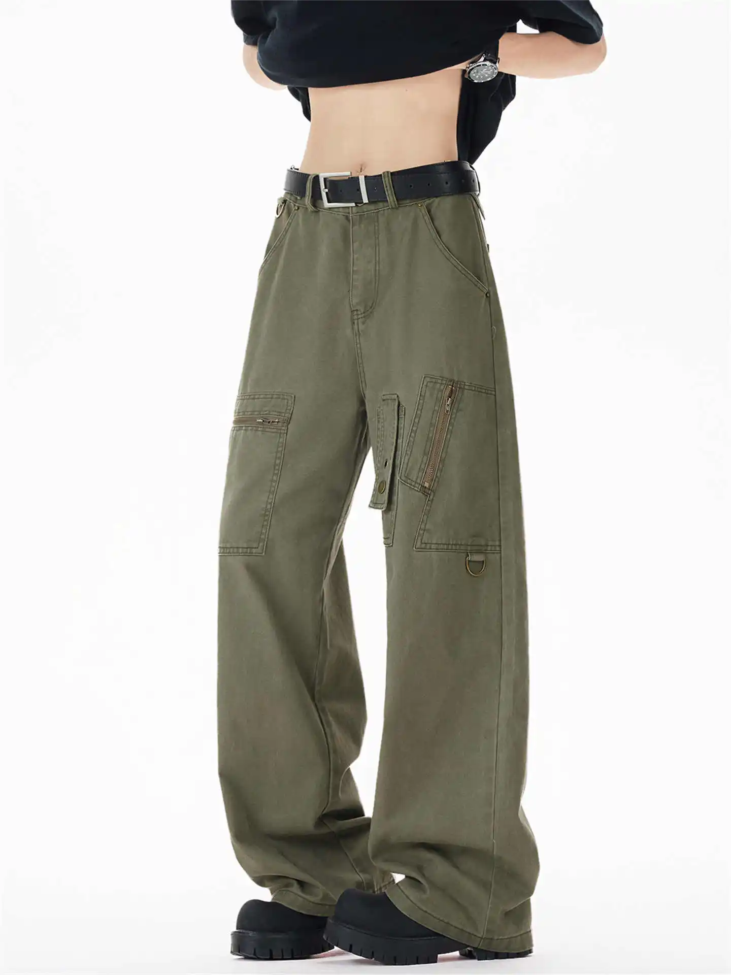 レディース グレー カーゴパンツ 原宿 オーバーサイズ ストレートパンツ 日本風 2000年代 スタイル Y2K ヴィンテージ エモ ボーイフレンドスタイル トラウザーズ 服