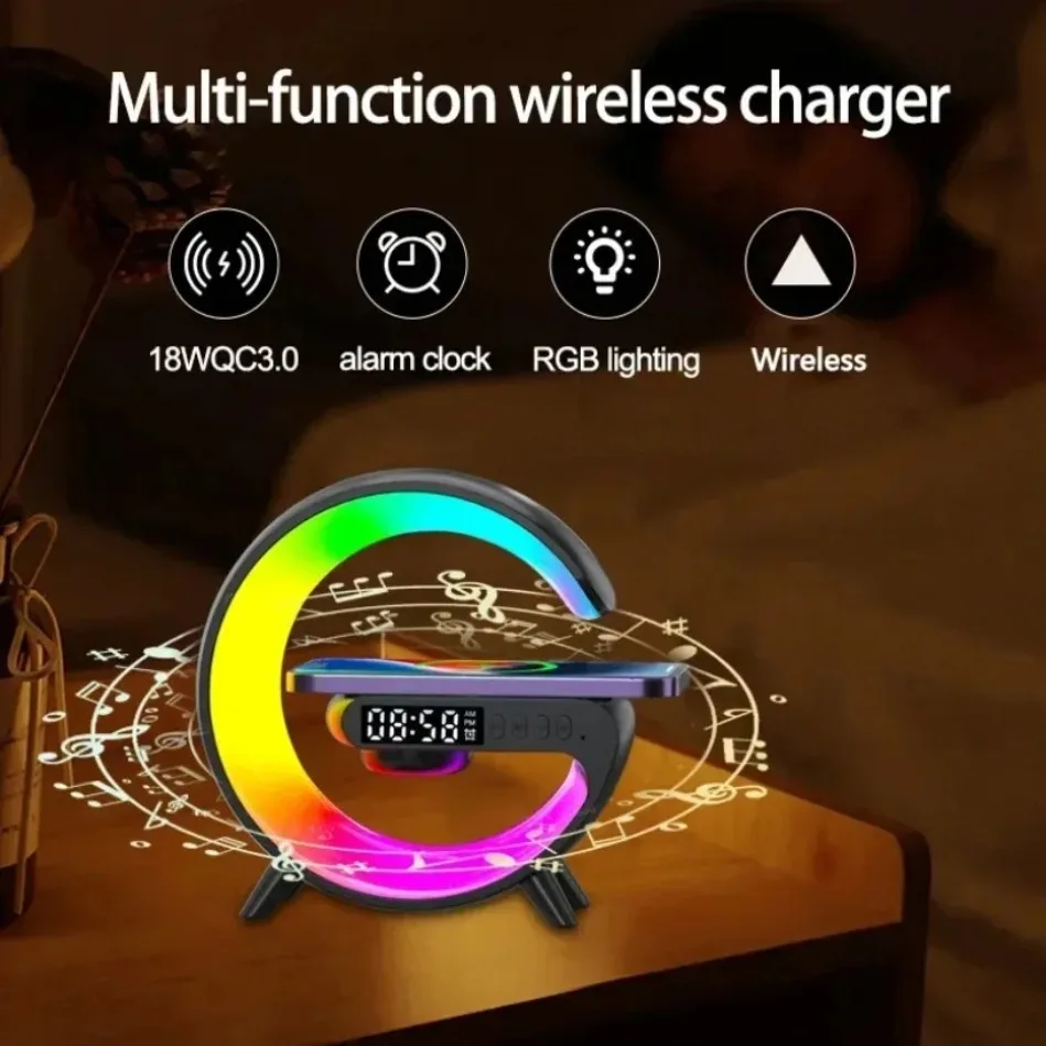 Universally 15W Wireless Charger Multi Functional Wireless Speaker with RGB Night Light Alarm Clock For iPhone  Samsung Xiaomi