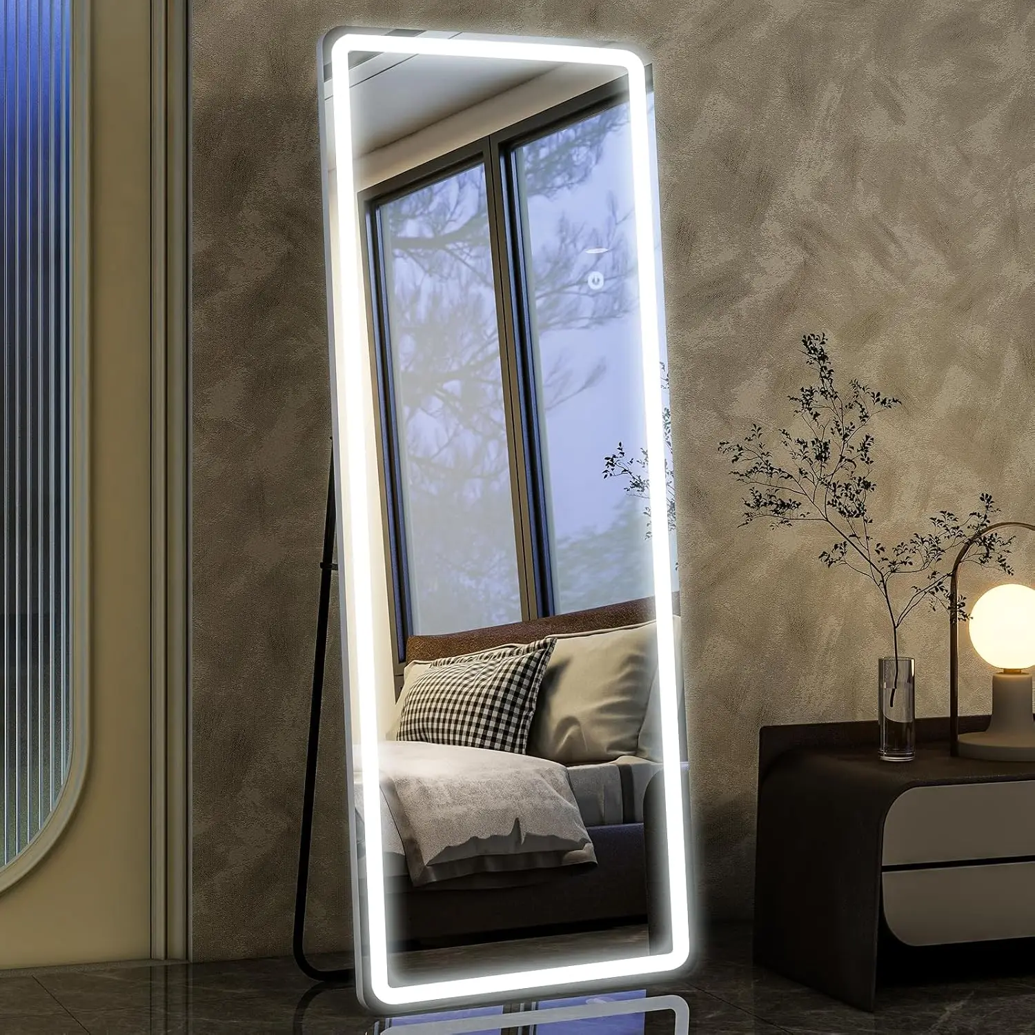 

64x21 Inch LED Full Length Mirror with Dimmable Lights, 3 Color Options, Stand and Wall Mount