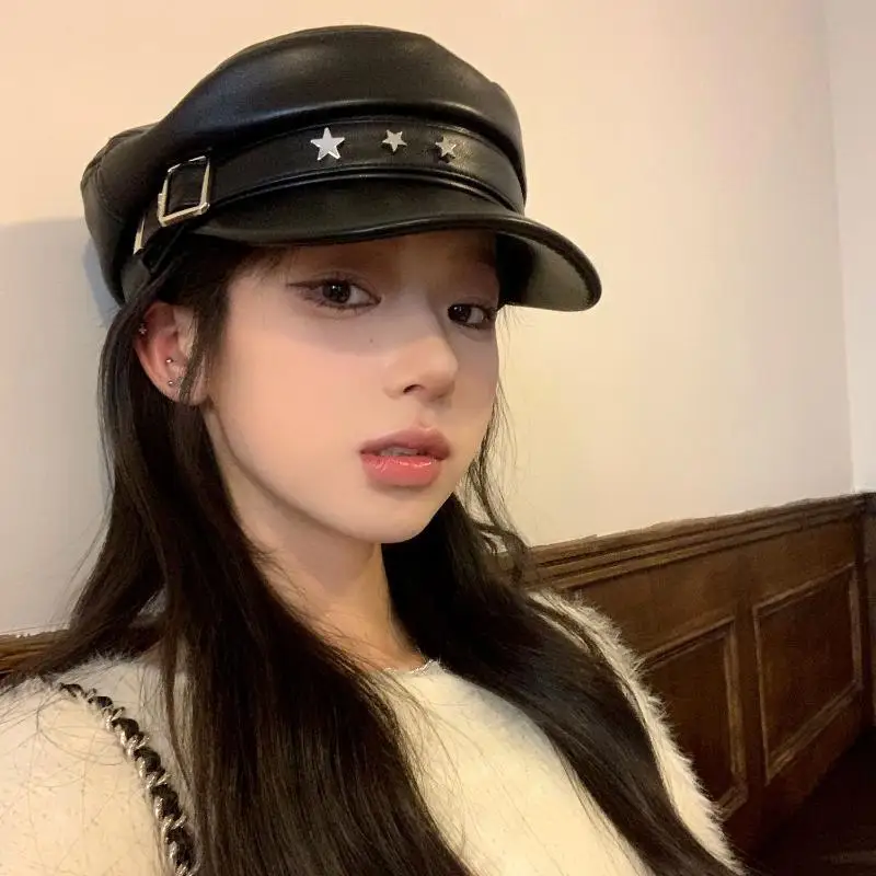Boina de rebite vintage harajuku y2k menina gótico lolita couro preto rosto escuro revelando tampa plana newsboy boné protetor solar boina