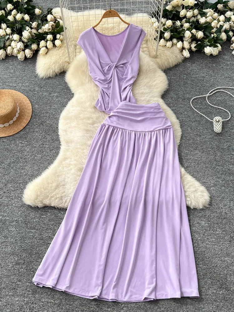 

High Waist Flared Skirt And ort Sve V-Ne Knot Top Women's Faion Set Casual Commute Sle Summer Outfit