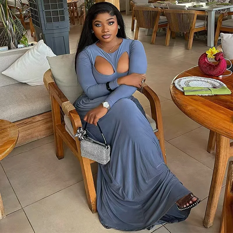 Faionable Sexy Hollow Long Sve Dr Slimming A-Line Skirt High Waist Polyester Fabric round Ne Zipper Ba Closure