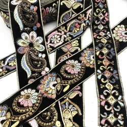 Embroidered Flower Jacquard Ribbon, Sequins Webbing Trim, DIY Clothes, Bag Accessories, Decorative, 1 Yards