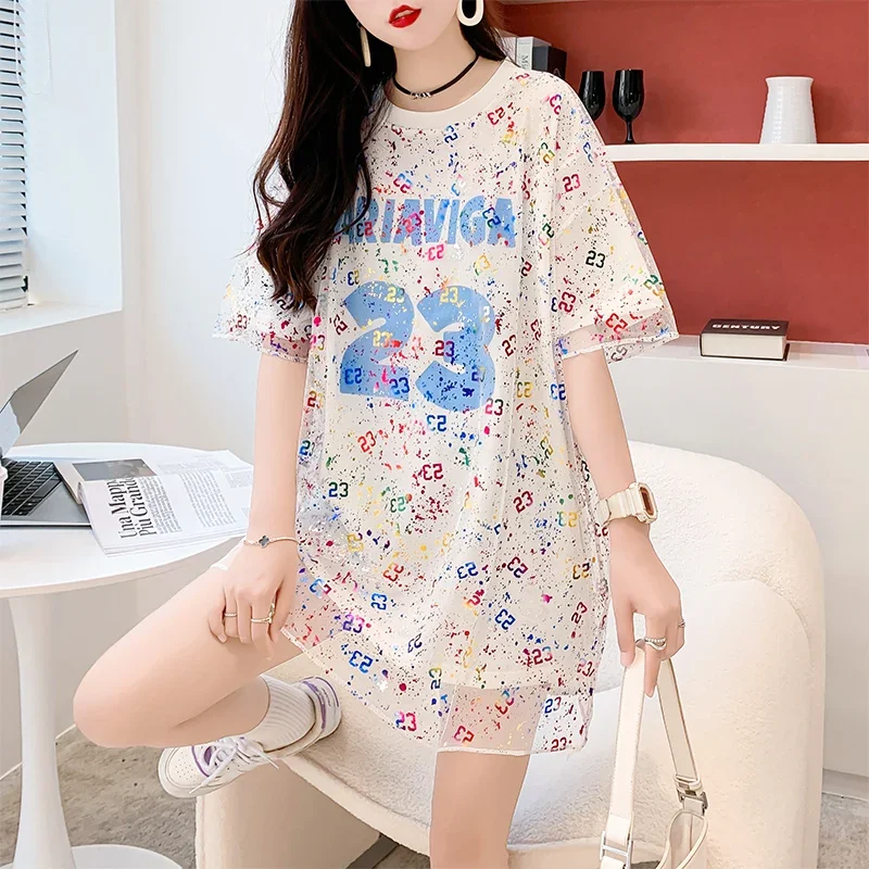Summer New Fake Two Piece T-shirts Women Oversize Korean Style Loose Letter Printed Patchwork Mesh O-neck Dress T-shirt Female