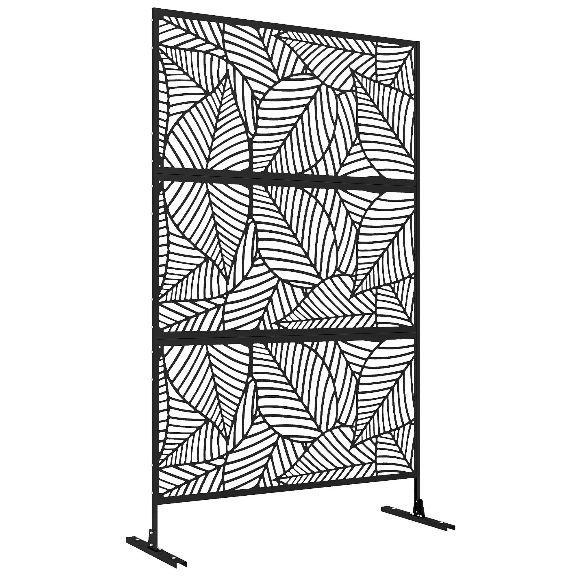 Paravent métallique Outsunny à 3 panneaux 122x45x198 cm motif feuilles noires