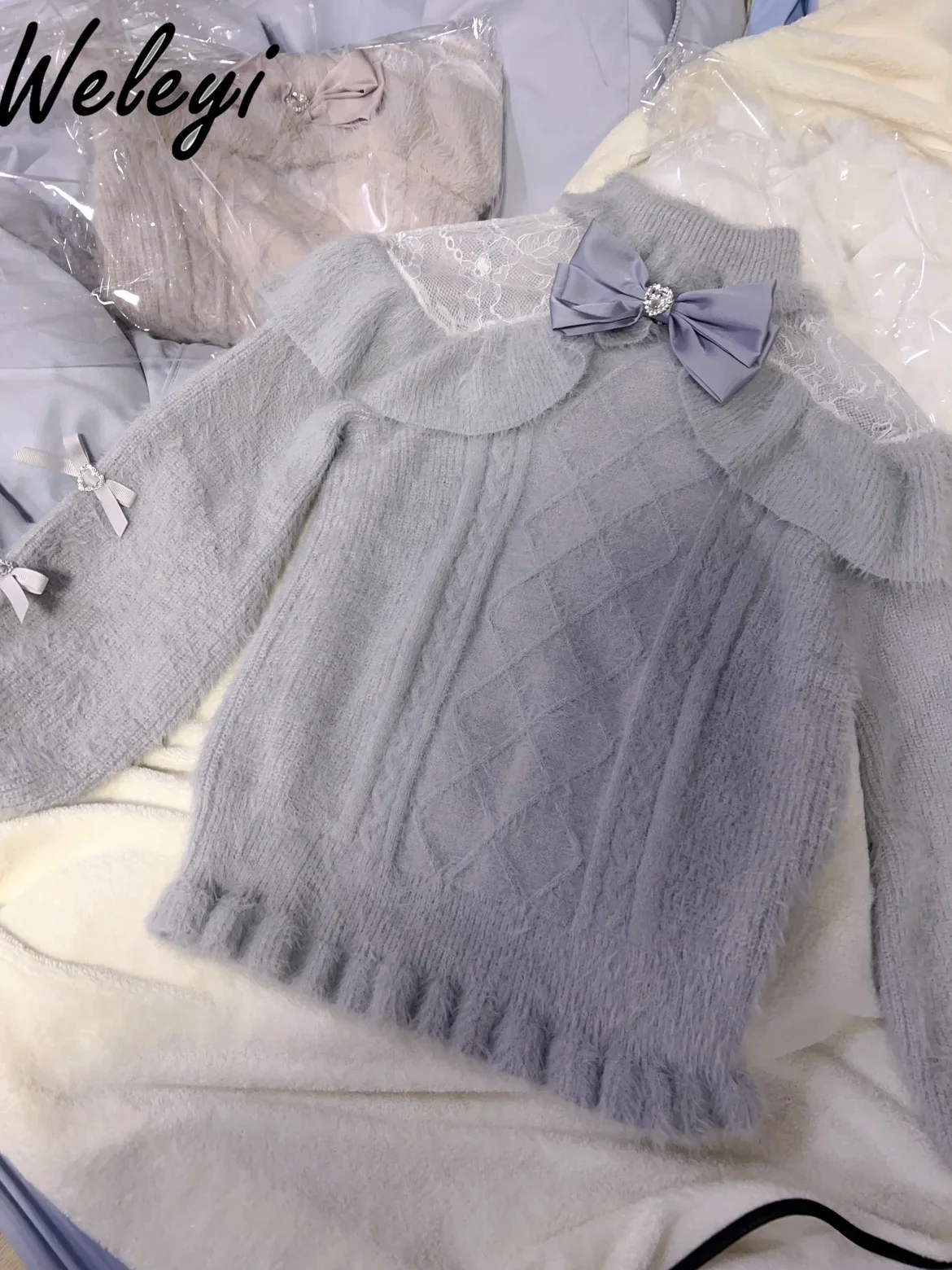 Sweet Bow Pink Sweater Ropa Mujer Autumn Winter Japanese Style Mass-produced Mine Cute Water Color System Lace Knitted Jumper