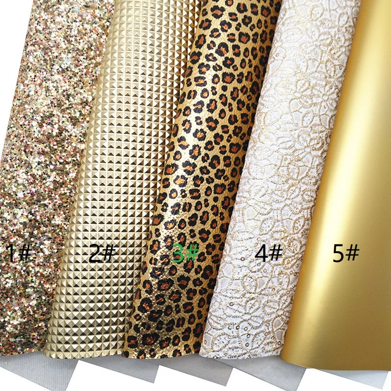 Gold Glitter Leather Sheets Grid Floral Embossed Synthetic Leather Smooth Matt Patent Leather Leopard Vinyl For DIY 21x29CM Y474