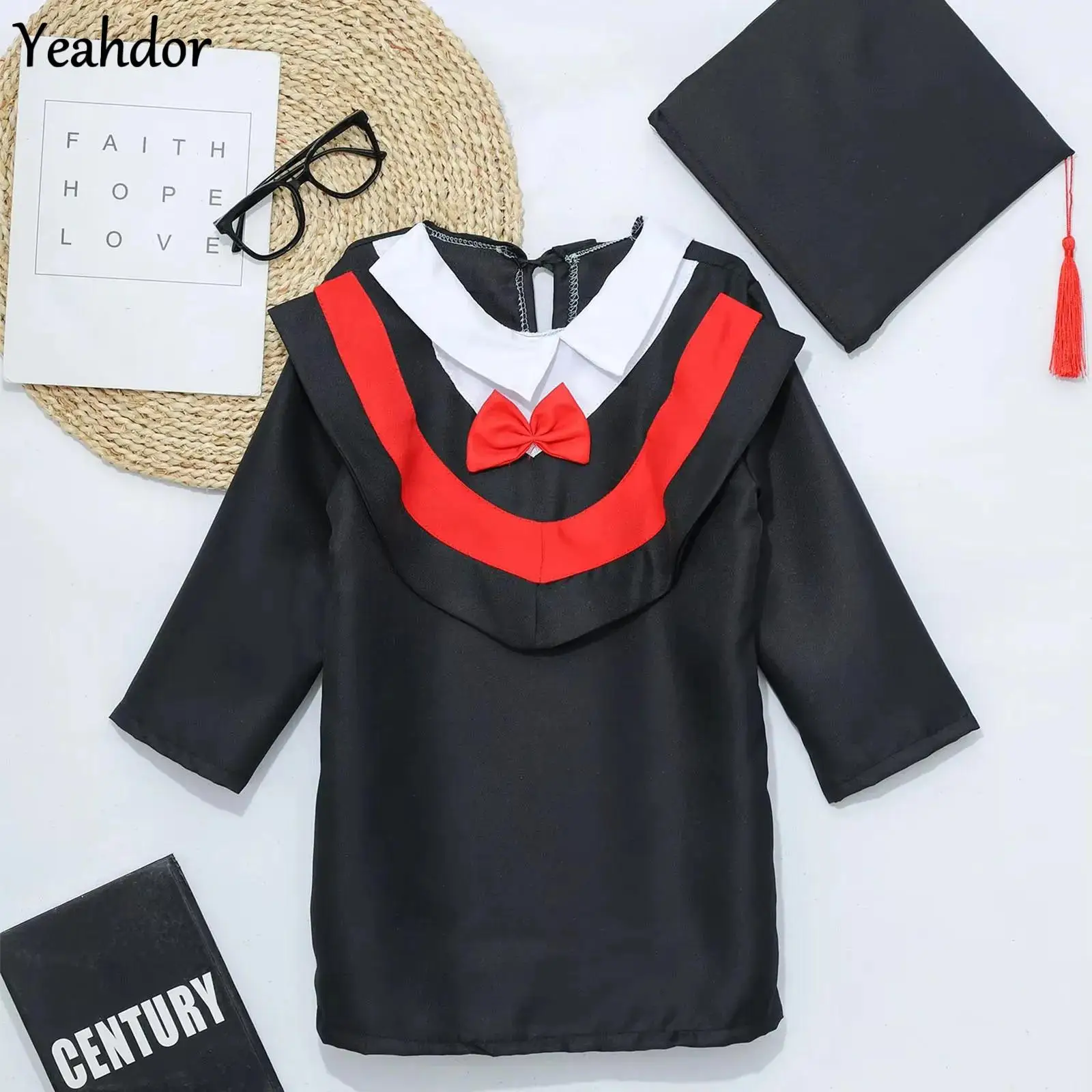 

Boys Girls Kindergarten Graduation Gown Preschool Primary School Robe Uniforms with Tassel Cap for Students Bachelor Costume Set