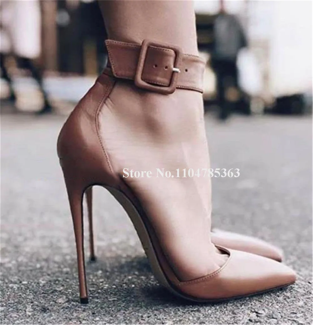 Newest Fashion Ankle Straps Buckles Stiletto Heel Pumps Pointed Toe Red Black Beige Matte Leather Thin Heel Party Heels Big Size