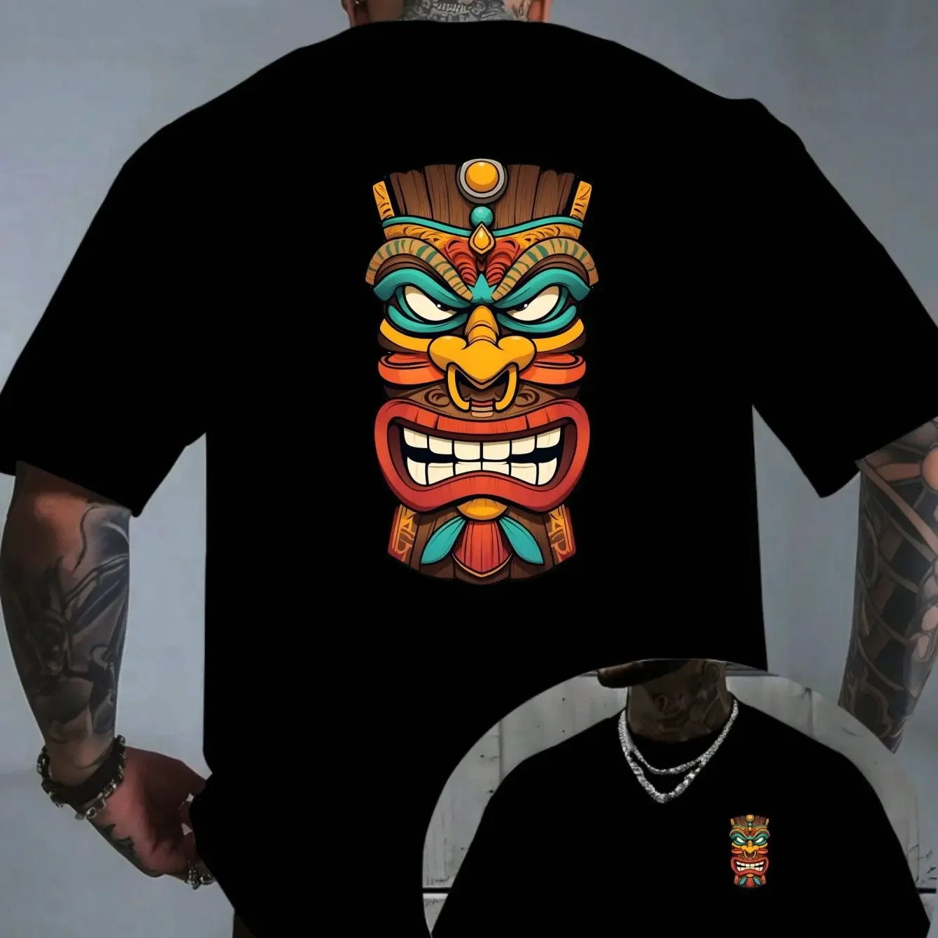 Men'S Novelty Shirts Men'S Casual T-Shirt with Front And Back Tiki Mask Print