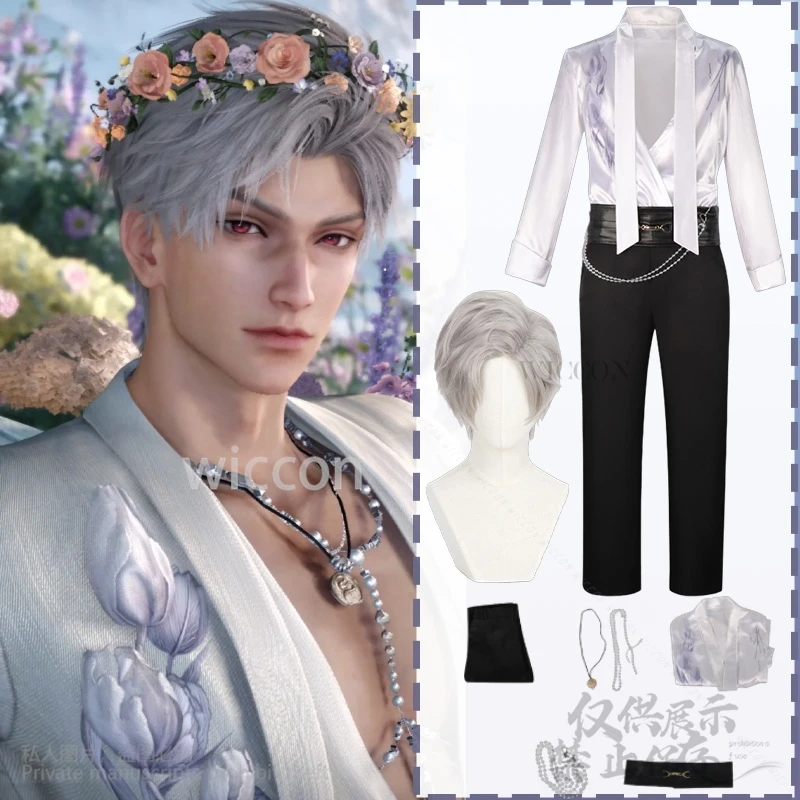 

Anime Sylus Cosplay Game Love And DeepSpace Qinche Costume Spring And Flower Elegant Floral Shirt Pants Necklace Halloween