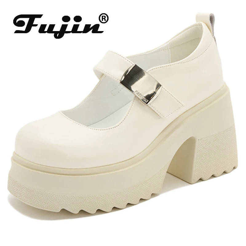 Fujin 10cm 2024 Patent Leather Platform Wedge Women ROME Chunky Heels Ladies High Brand Mary Jane Pumps Summer Fashion Shoes