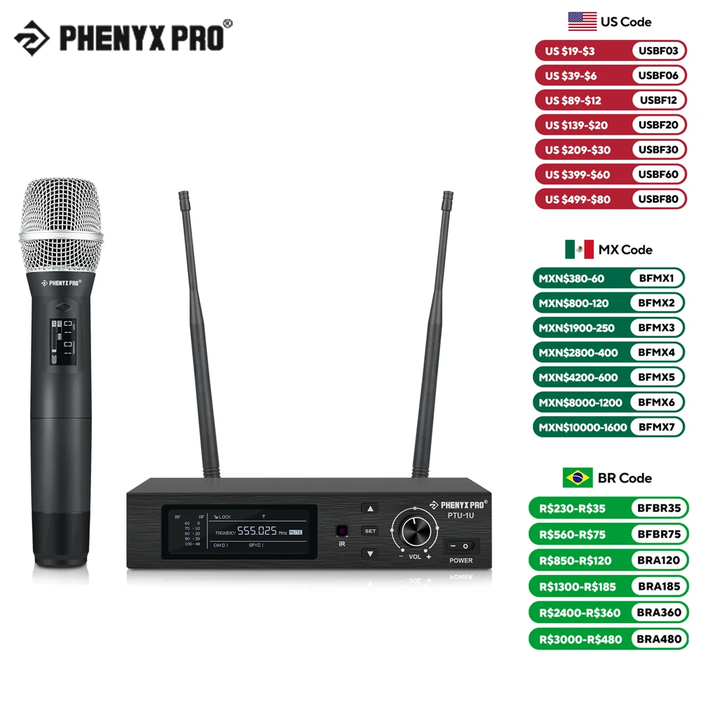 True Diversity Wireless Microphone System Single Cordless Mic Set w/Auto Scan UHF Professional Dynamic Mic for Church PTU-1U