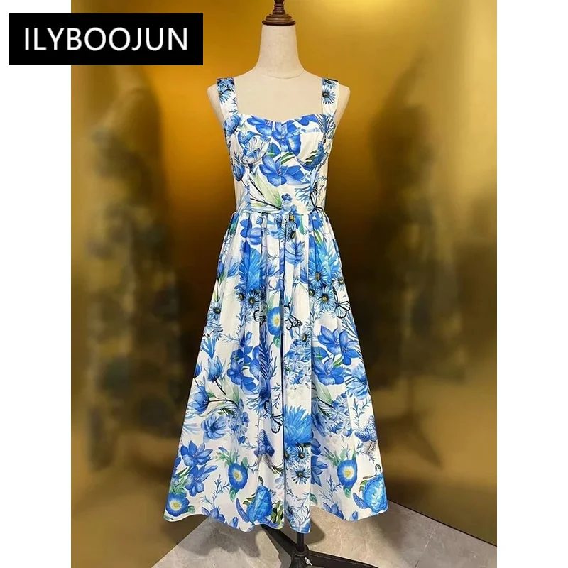 Imagem -02 - Vestido Feminino sem Encosto 100 Algodão Estampa de Flor Azul Vestido de Férias Marca de Luxo Alta para Verão e Primavera 2023