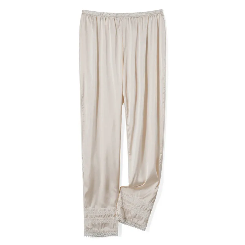 Female Pyjama Trousers Solid Color Lace Trim High Elastic Waist Long Pants Nightwear for Women