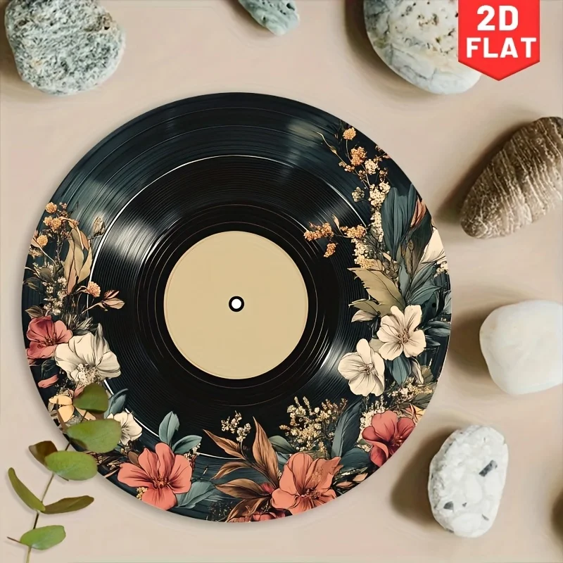 2D Flat - 2D Print Charming Record Metal Sign with Floral Design - 19.99X19.99 cm Round Aluminum 2D Printing Vintage Decoration