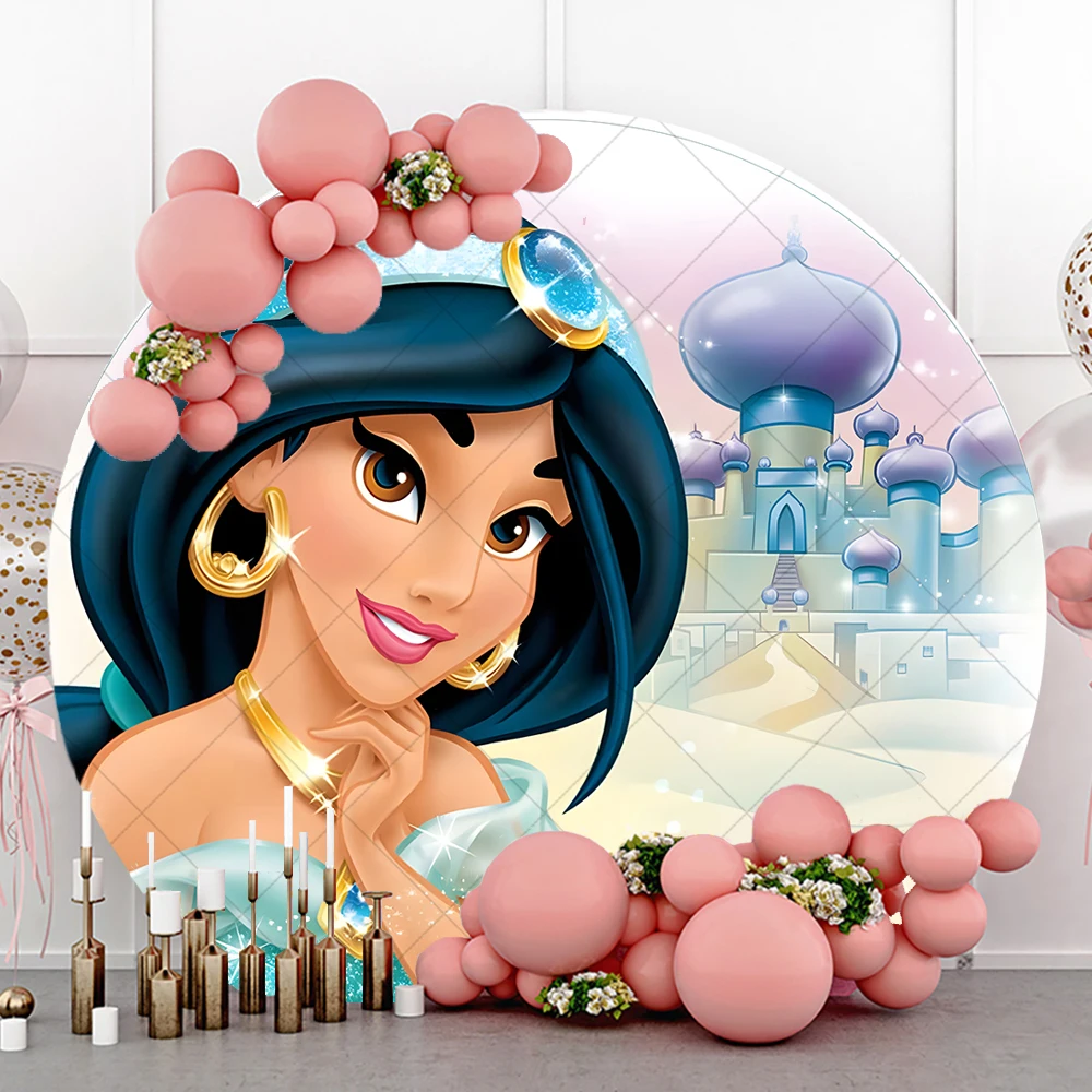 Disney Princess Jasmine Aladdin's lamp Cartoon Kid Birthday Party Round Backdrop Custom Girl Photography Poster Decor Background