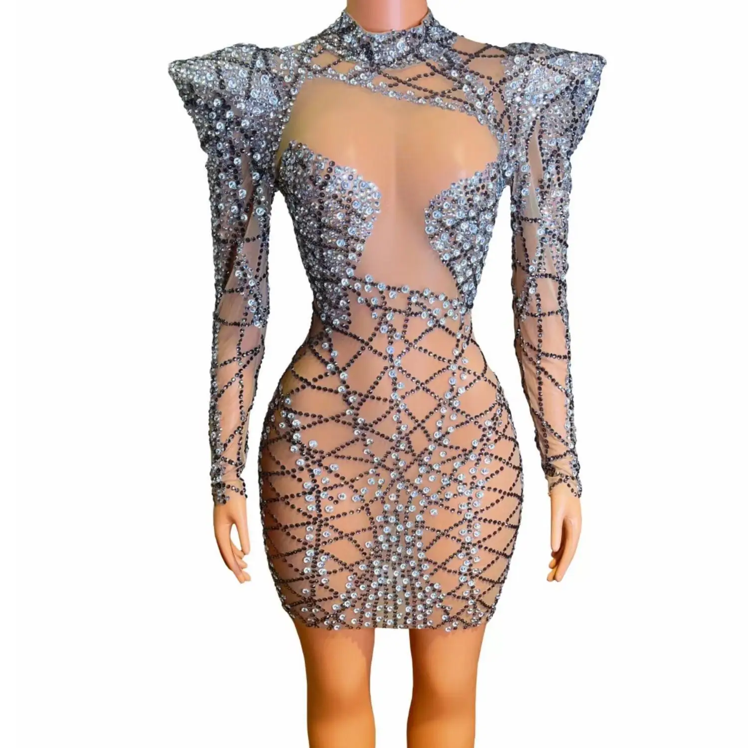 Gorgeous Rhinestones Transparent Dress Woman Appliqued Evening Dresses Dance Evening Dress Birthday Celebrate Outfit Yuwang