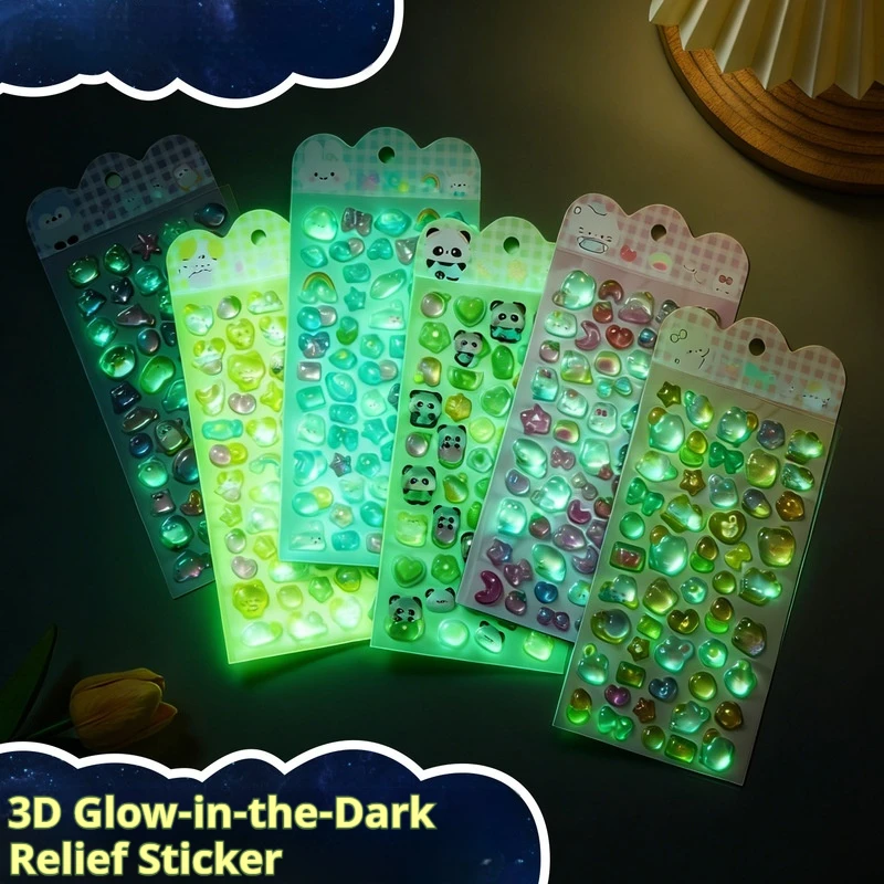 Luminous 3D Relief Stickers Cartoon Kawaii Crystal Diamond Glow In The Dark For Kids Japanese Style Phone Case Decoration