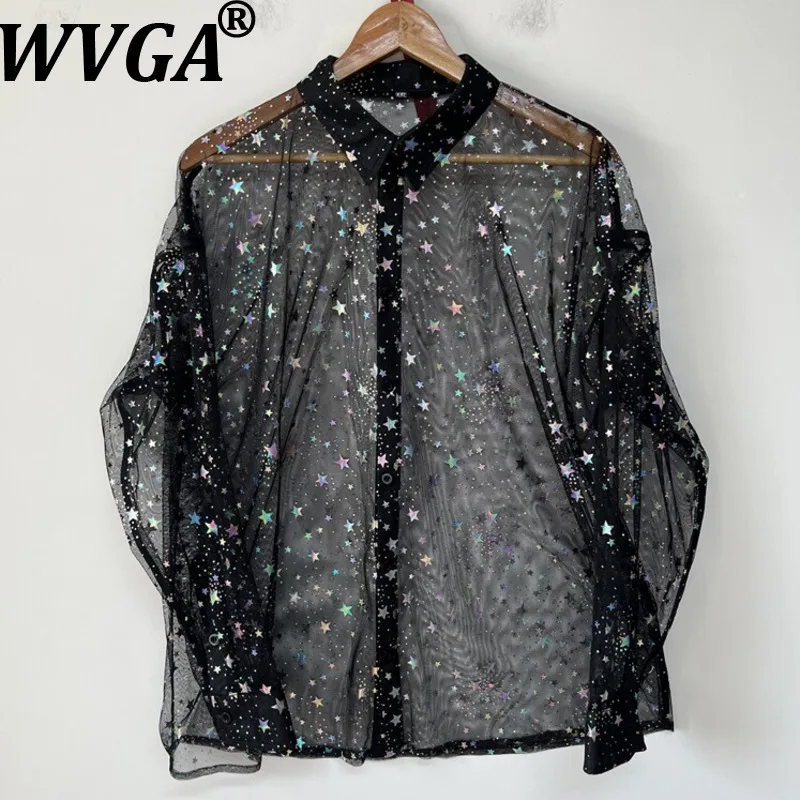 

WVGA Summer New Man Tide Five-Star See-Through Mesh Trendy Long Sleeve Shirts Niche Chic Casual Turn-Down Collar Tops Ins W20778