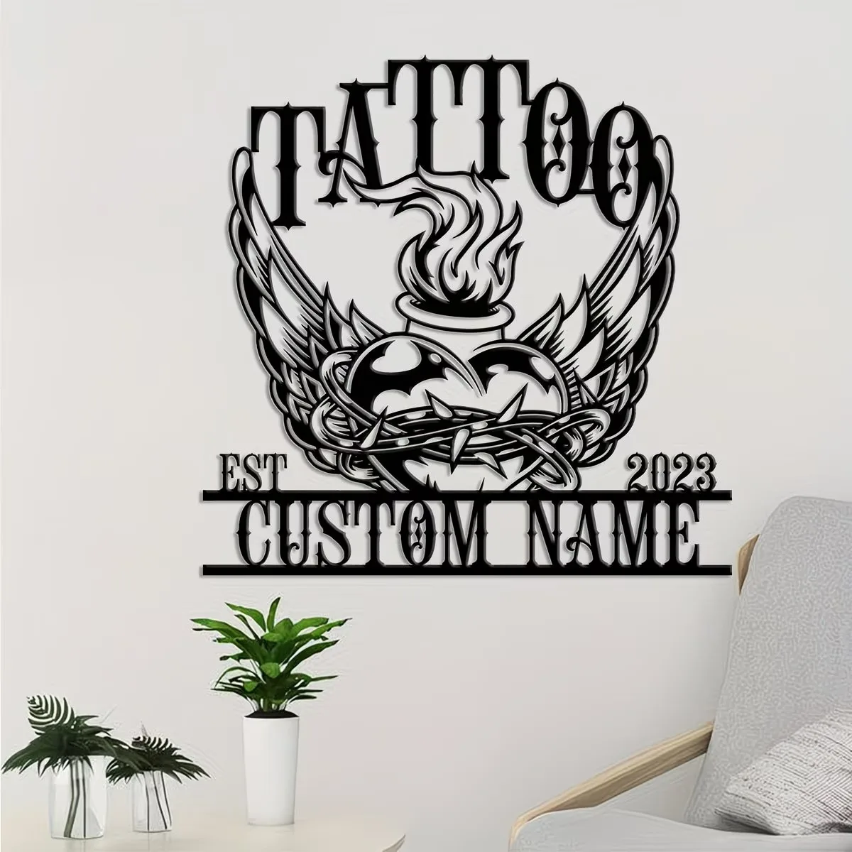 Customizable Tattoo Shop Sign, Party Scene Hanging Ornament, Door Decoration, Wing, Flame, and Thorn Silhouette Wall Art Decor