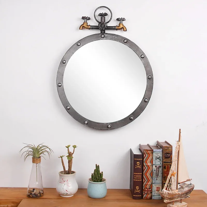 

Vintage Nostalgic Mirror, Round Mirror with Faucet Shape, Handcrafted Aged Design, Clear Reflective Surface