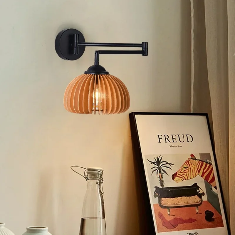 Japanese Log Bedroom Bedside Wall Lamp Simple Nordic Solid Wood Telescopic Folding Rocker Arm Retro Wood Wall Lamp