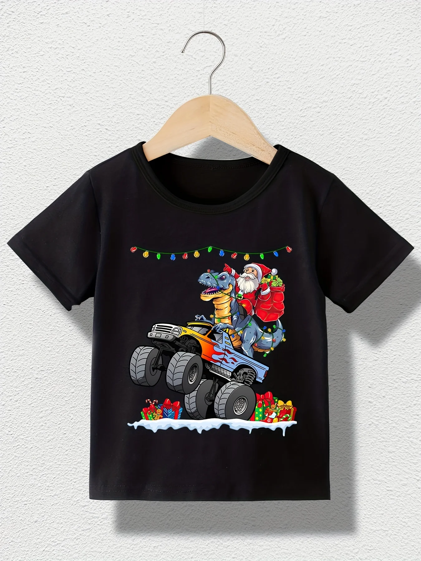 CHRISTMAS Christmas Summer Children's Fashion T-shirt Monster Truck and Dinosaur Christmas Print Festival Party Parent Child Top
