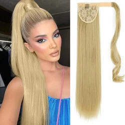Long Straight Ponytail Hair Synthetic Extensions Heat Resistant Hair 22Inch Wrap Around Pony Blonde Natural Hairpiece For Women