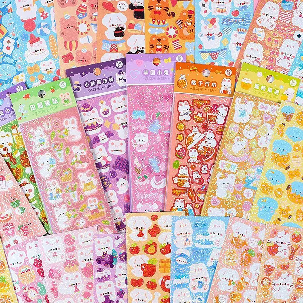 10- 100PCS Kawaii Koreaanse Deco Sticker Pack: Leuke kleurrijke cartoonontwerpen, sprankelend glittereffect, dagboek Toploader Deco en meer