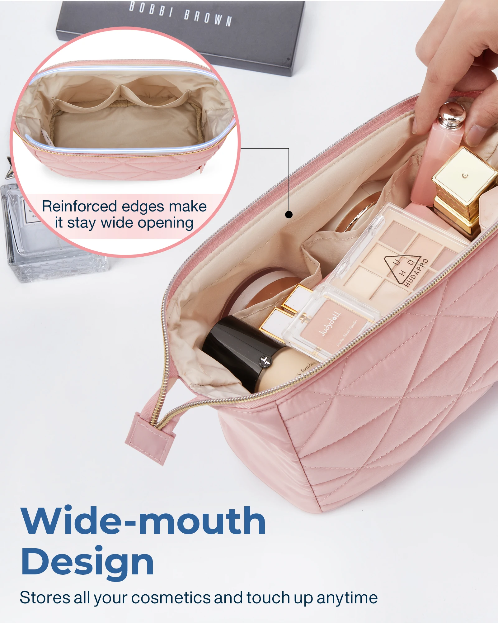 BAGSMART Borsa per organizer per trucco Borsa per cosmetici ampia aperta Custodia per trucco imbottita gonfia per articoli da toeletta essenziali Accessori Spazzole