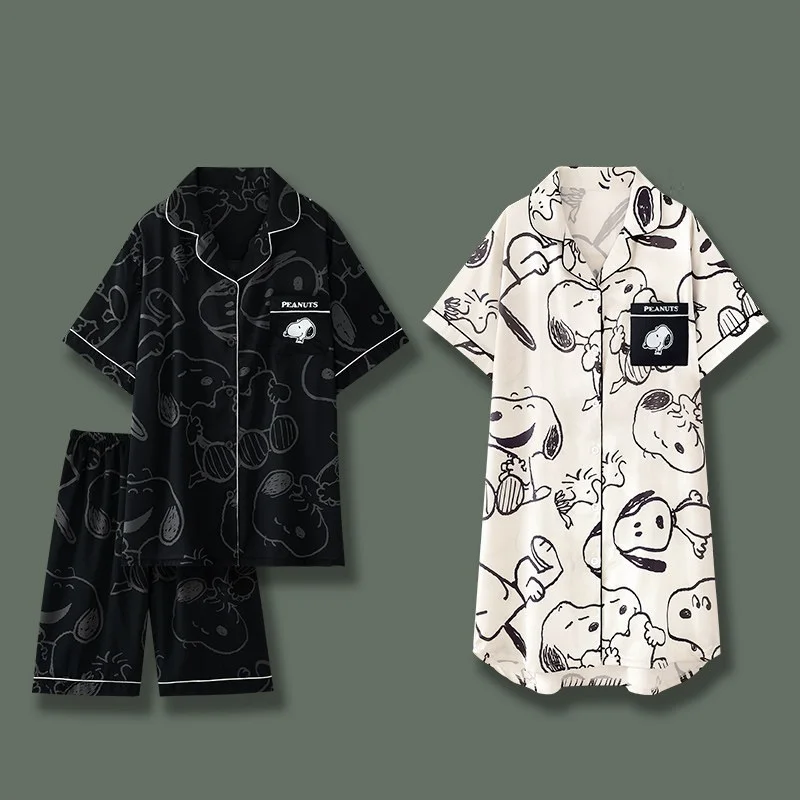 Peanuts Snoopy Matching Couple Pajamas Set Men Black Short Sleeve Shirt Short Women Nightshirt Soft Cartoon Loungewear Sleepwear