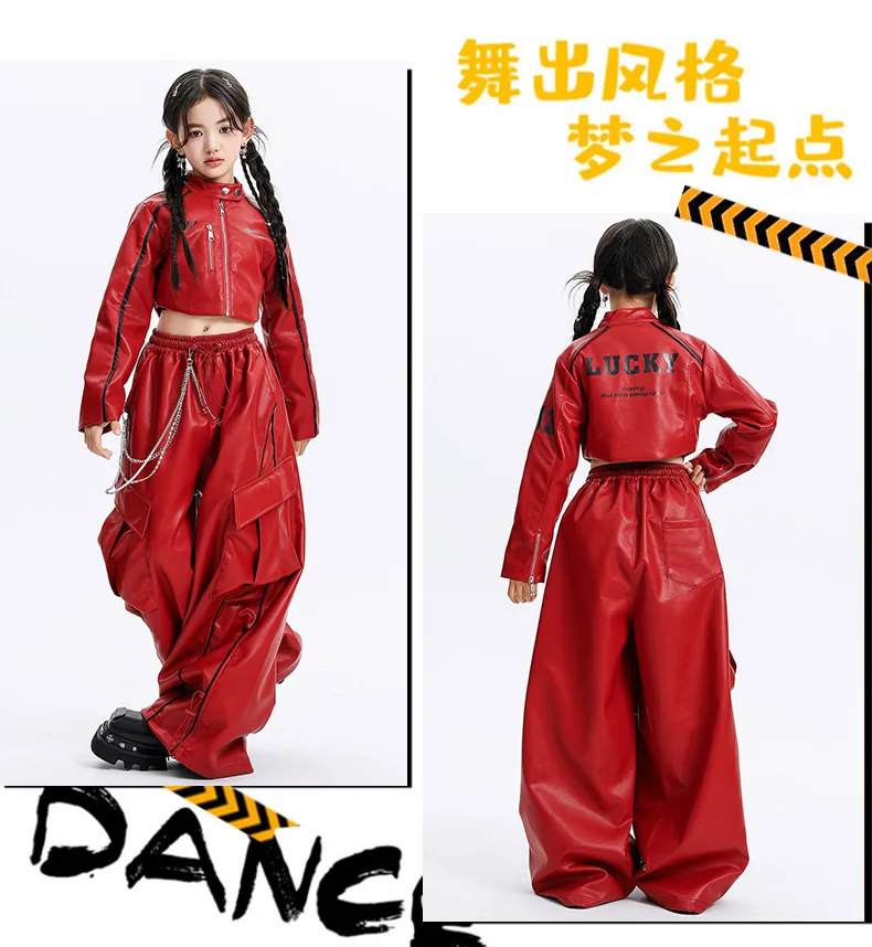 Kid Kpop Hip Hop Clothing Red Faux Leather Zip Up Crop Jacket PU Street Wide Striped Cargo Pants For Girl Dance Costumes Clothes