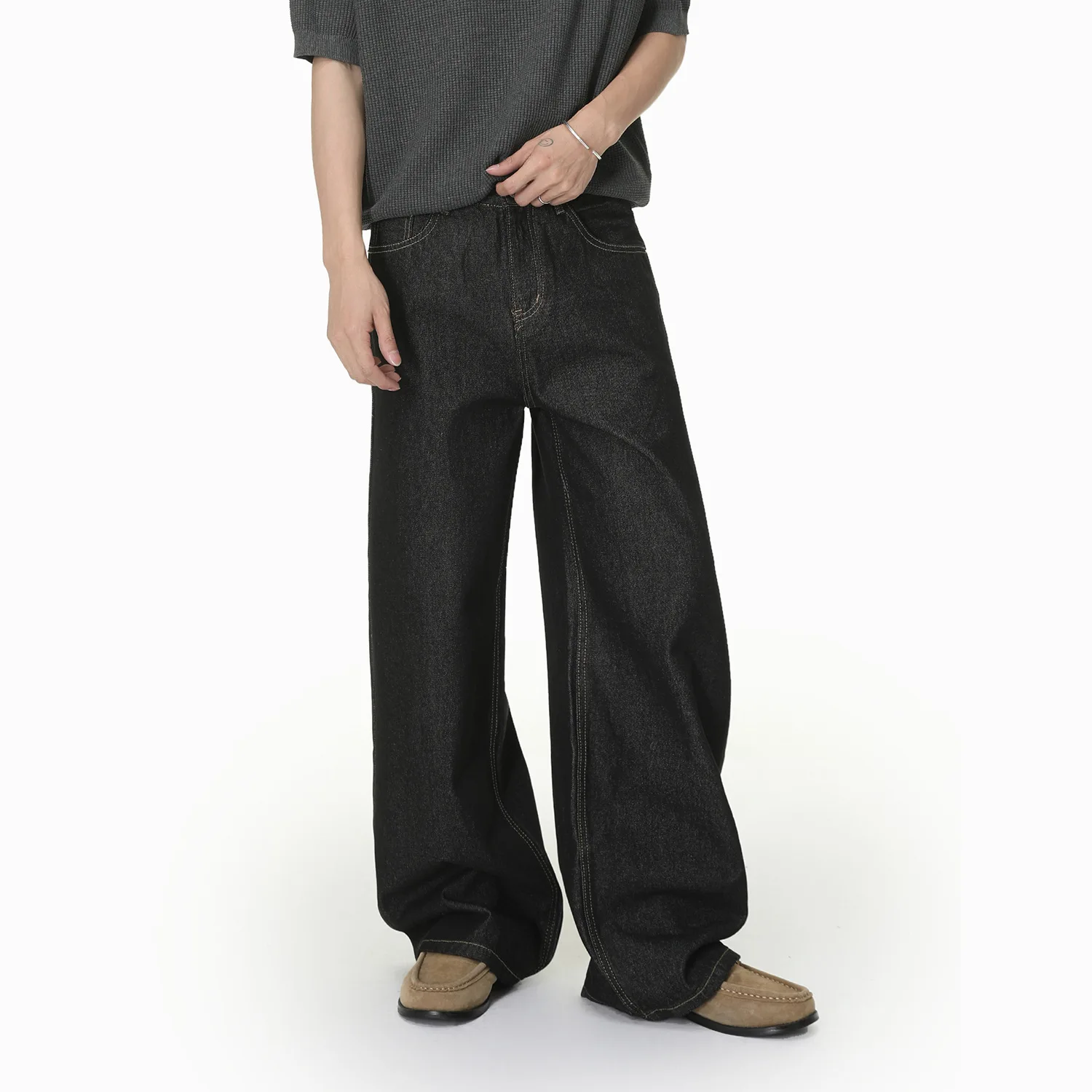 American Men's Black Solid Color Loose Simple Basic Casual Trendy Wide Leg Straight Denim Pants Male New Fashion Jeans Pants