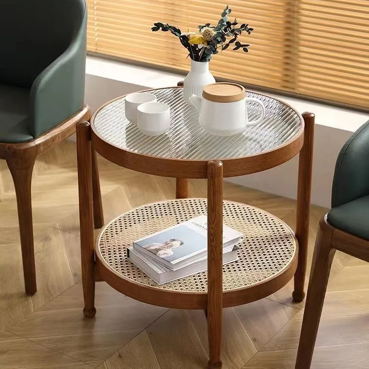 Madeira maciça internet celebridade redonda mesa de centro log cor japonês casa dupla camada rattan tecido changhong vidro pequeno