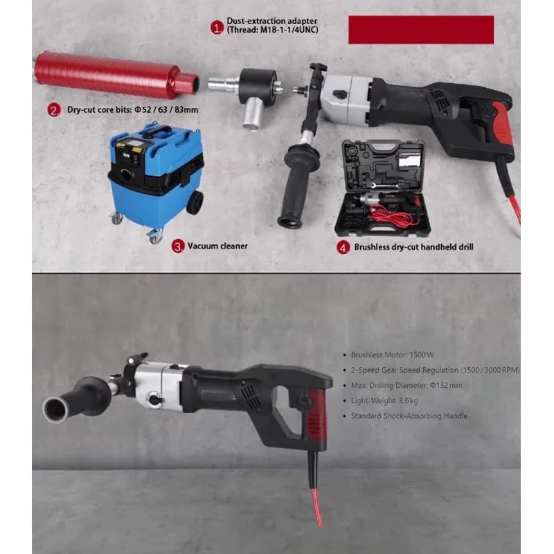 Brushless Portable Handheld Diamond Core Drill 2Speed Adjustable Soft Impact Dry Reinforced Concrete Drilling Machine Customized