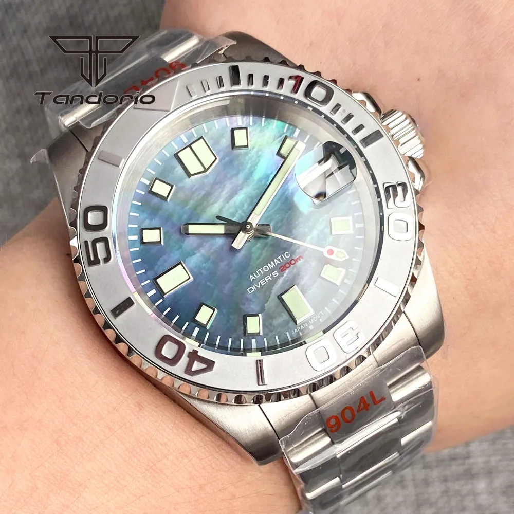 Tandorio 40mm 200m NH35A Fashion Automatic Men\'s Dive Watch Shiny Mother of Pearl Dial Sapphire Glass Rotating Bezel Glide Clasp