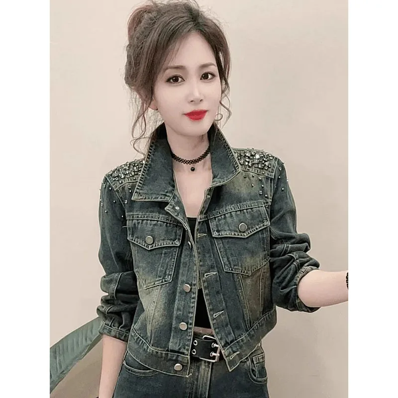 Ladies New Spring Autumn Beaded Rhinestone Denim Jacket Feels Short Stylish Loose Versatile Women's Single-Breasted Denim Jacket