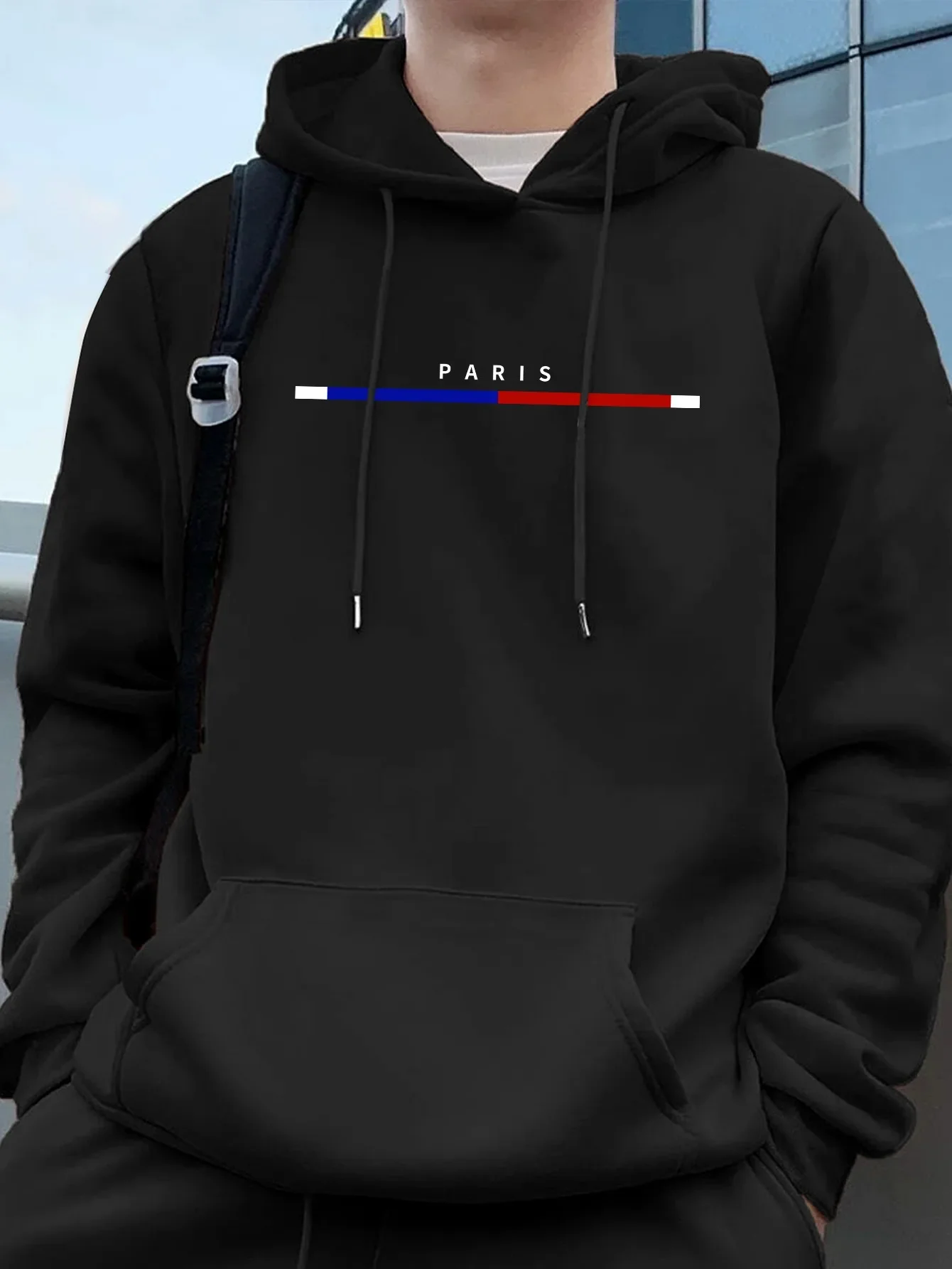 Moletom Masculino de Fleece com Estampa Paris, Quente para o Inverno, Roupa Esportiva, Casual, Solto, para Treino, Pulôver