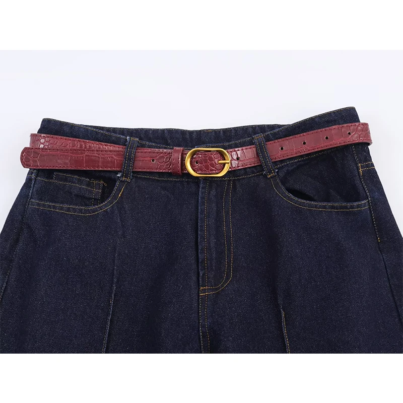 جينز نسائي موضة جديدة لعام 2026 مع حزام عالي الخصر وواسع الساق جينز غير رسمي أنيق للربيع والخريف بجيوب من قماش الدنيم